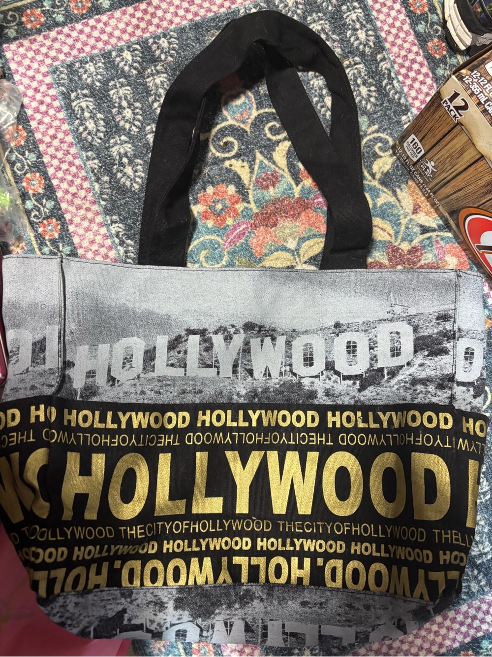 Hollywood Print Black and Gold Tote Bag- Robin Ruth- Like New